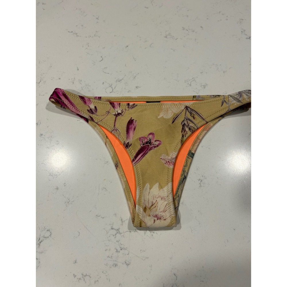 TRIANGL Bikini Bottoms Women M Floral Print Orange Neon Trim Neoprene Beach Swim